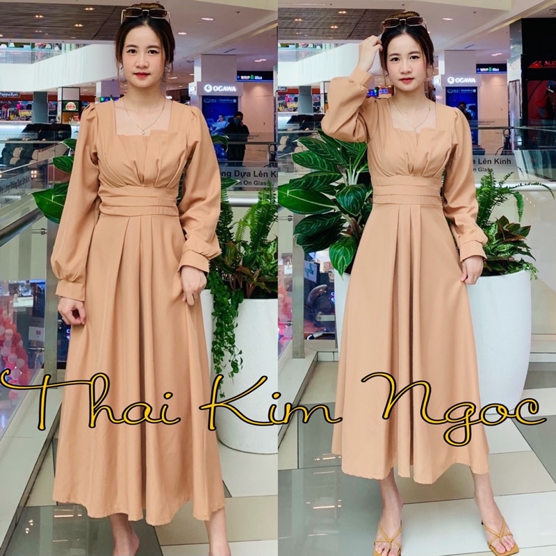 Đầm dự tiệc maxi cổ xếp li dài tay | WebRaoVat - webraovat.net.vn