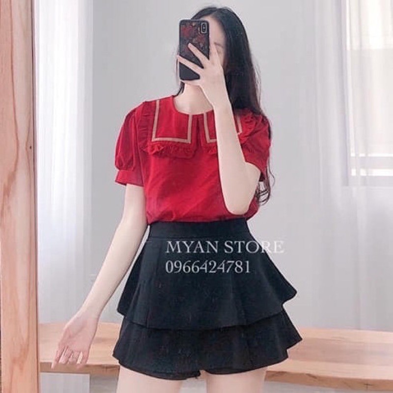 áo sơ mi bèo viền nhỏ cộc tay chất đũi