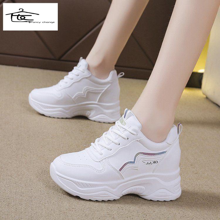 Giày Thể Thao Đế Dày Tăng Chiều Cao Màu Trắng Dễ Phối Đồ Thiết Kế Mới Thời Trang Mùa Thu Cho Nữ