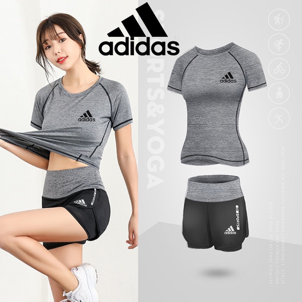 Adidas Bộ Đồ Thể Thao Áo Thun + Quần Short Lưng Cao Thoải Mái Thoáng Khí Cho Nữ
