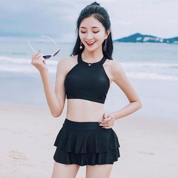Bikini 2 mảnh đen áo đan x lưng quần váy 2 tầng ( 100% như hình mẫu) Đẹp