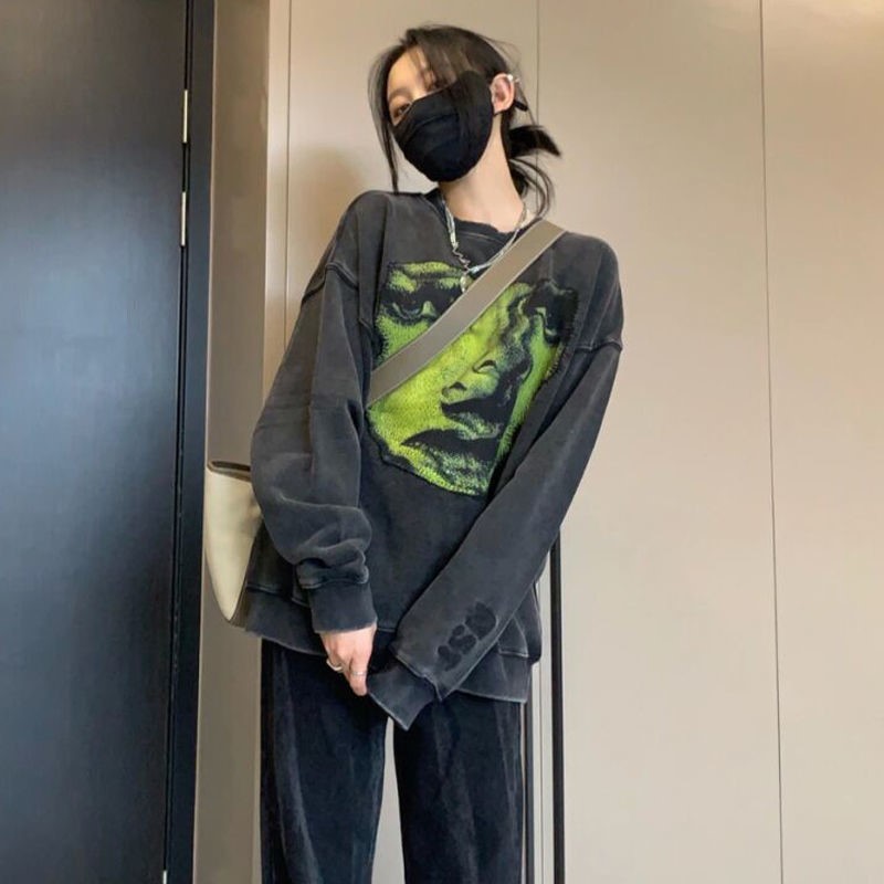 Áo sweater cổ tròn dáng rộng phong cách hip hop trẻ trung cho cặp đôi