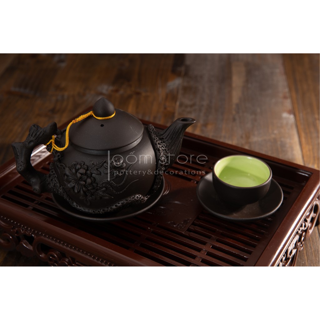 Ấm trà tử sa Bát Tràng đắp nổi hoa phù dung (Bộ trên không kèm khay ấm chén) | BigBuy360 - bigbuy360.vn