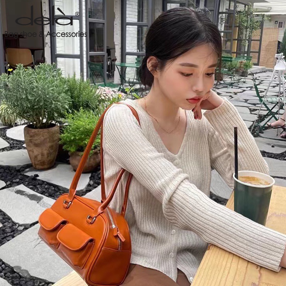 Dela Túi Da Sáp Dầu Đeo Cánh Tay Phong Cách retro Hàn Quốc Thiết Kế Nhiều Túi Đơn Giản