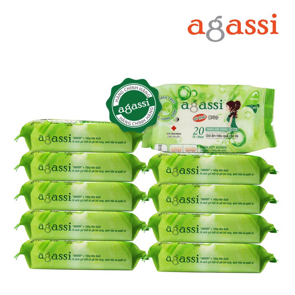 COMBO 5 GÓI KHĂN ƯỚT KHÔNG MÙI BỎ TÚI AGASSI 20 TỜ/1 GÓI