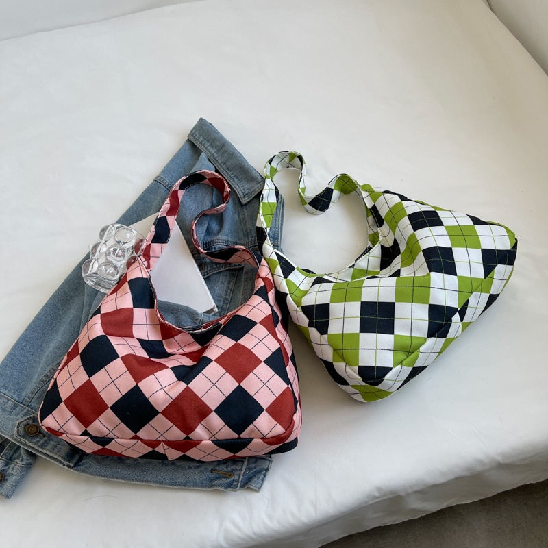 Túi Xách Vải Nylon Cỡ Lớn Họa Tiết Sọc Caro Màu Tương Phản Thời Trang Cho Nữ