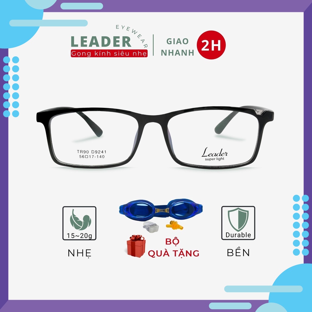 Mắt kính cận vuông nam nữ Leader D9241, phù hợp dáng mặt tròn, chất liệu nhựa TR90 siêu nhẹ - UNE657