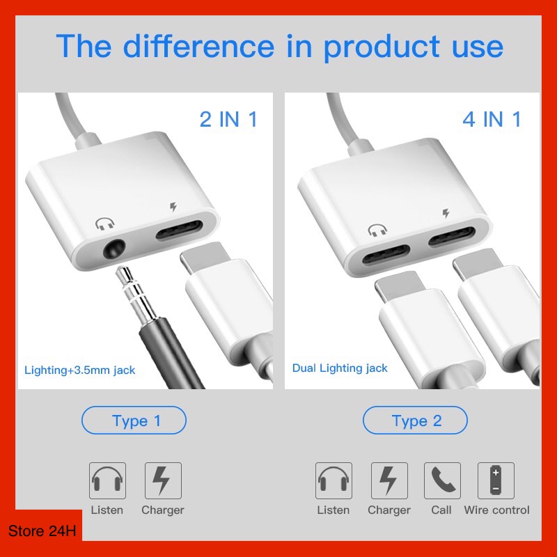 Jack Chia Cổng Lightning Sang Sạc và Tai Nghe Cho iP 7 đến 14Promax [BẢO HÀNH 12 THÁNG] Giắc Chuyển Đổi - Cáp Chuyển Đổi