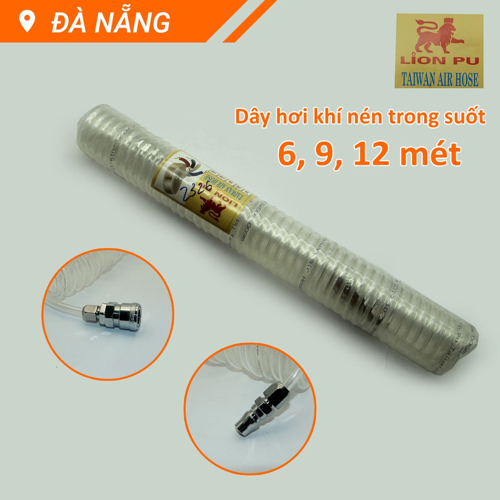 Dây hơi xoắn phi 8 nhựa PU trắng Lion có sẵn 2 đầu nối bình hơi dài 6m