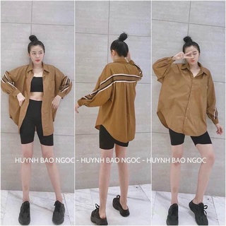 Áo sơ mi nâu dáng rộng vai sọc chun phối màu