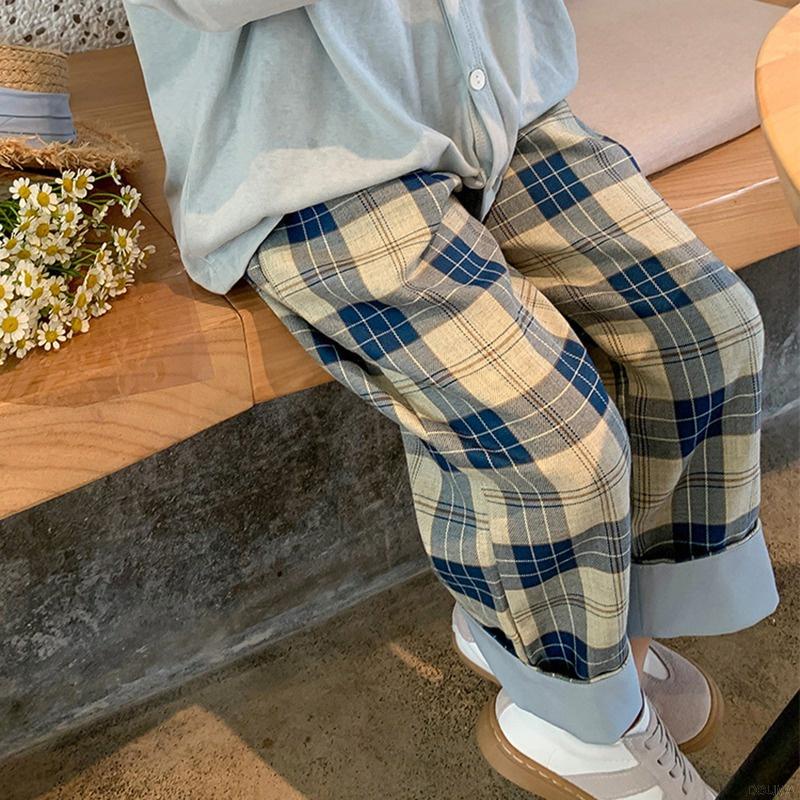 Quần dài lưng thun ống rộng họa tiết sọc caro phong cách Hàn quốc