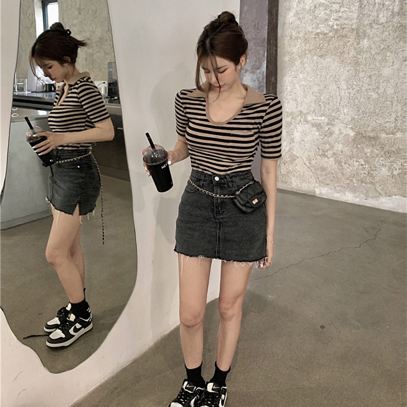 Áo Thun Tay Ngắn Cổ Chữ u Họa Tiết Kẻ Sọc Thời Trang Cho Nữ