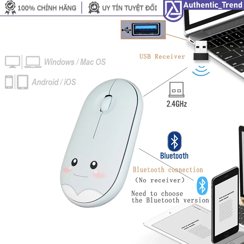 Chuột không dây 2 CHẾ ĐỘ BLUETOOTH + 2.4G PIN SẠC siêu mỏng hình mặt cười dễ thương - dòng chuột pebble yên tĩnh