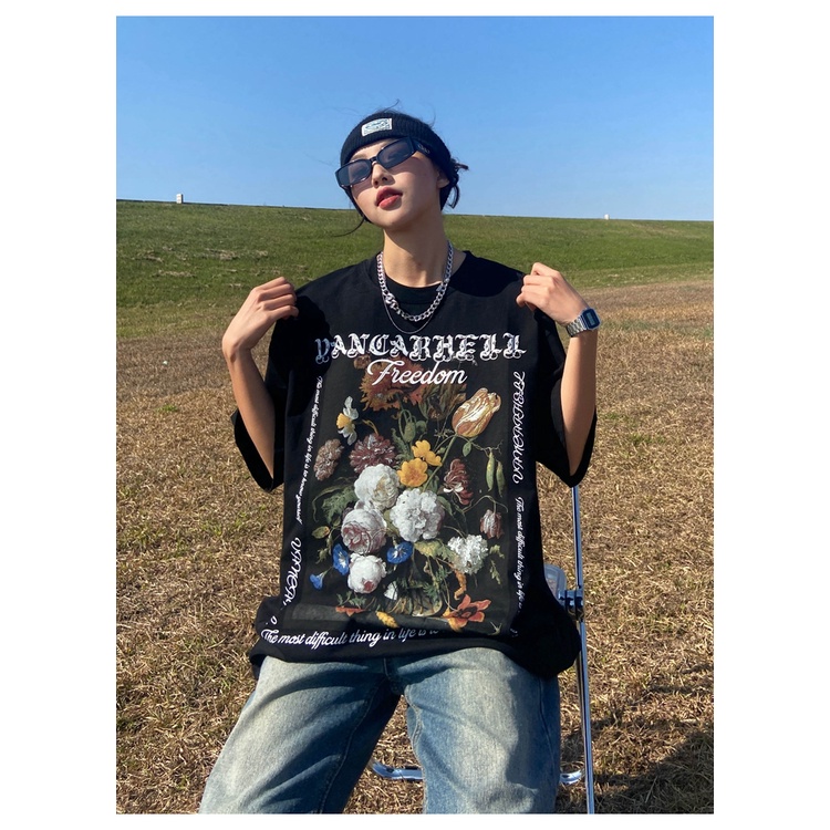 Áo thun ngắn tay dáng rộng phong cách hip-hop Mỹ cho nữ