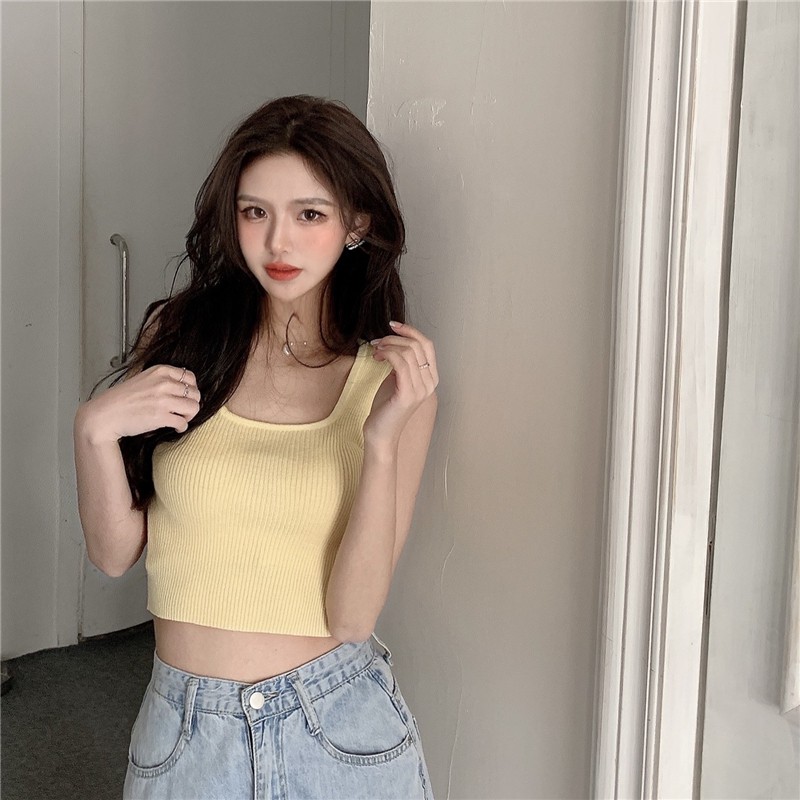 Cocory vn Áo croptop dệt kim không tay màu trơn thời trang phong cách Hàn Quốc 7 màu tùy chọn cho nữ