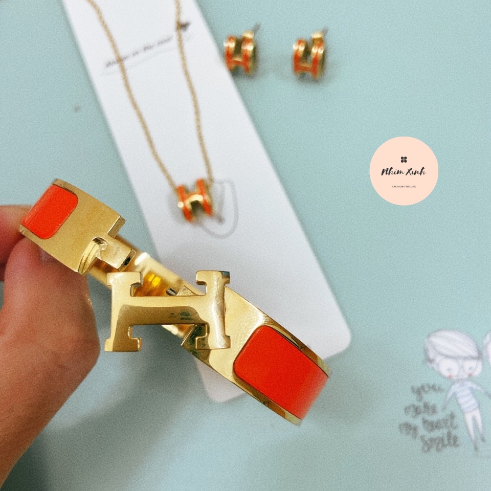 Set Vòng cổ, Khuyên Tai, Vòng Tay Thiết Kế Mặt Chữ H💎Titan Cao Cấp Mạ Vàng Sang Trọng💎Không Han Gỉ, Không Bạc Màu