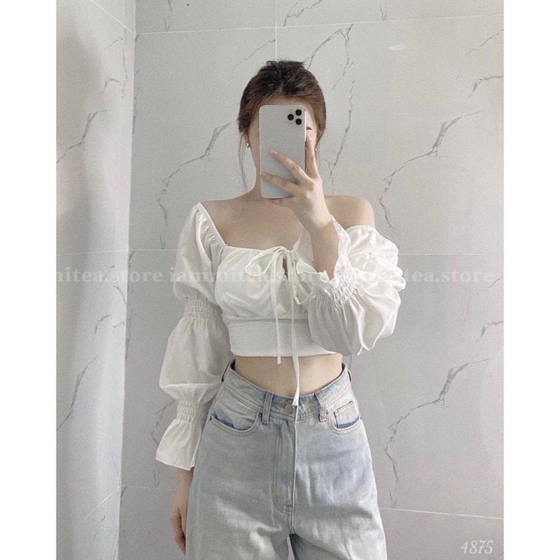 Áo croptop cổ V cột dây tay dài bồng