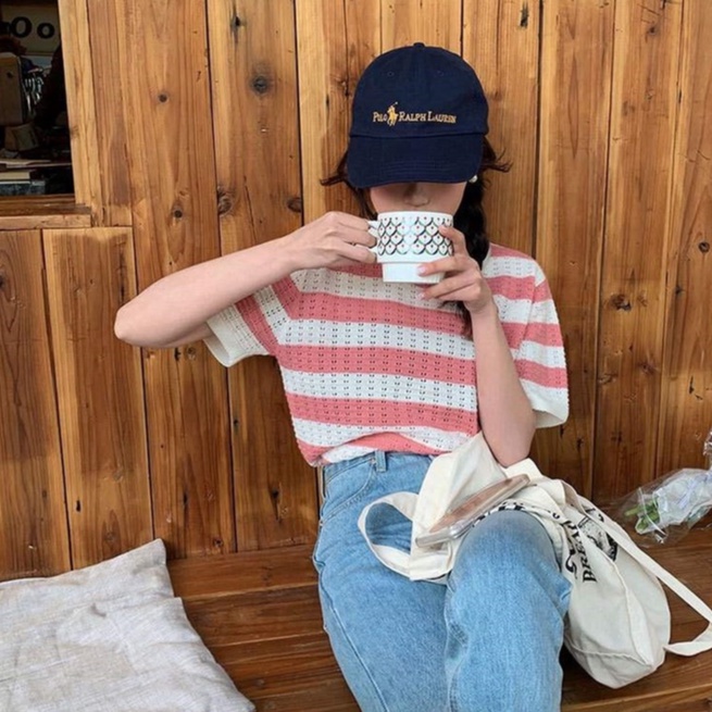 Áo dệt kim ZHELIHANGFEI ngắn tay cổ tròn họa tiết ca rô phong cách Hàn Quốc dành cho nữ