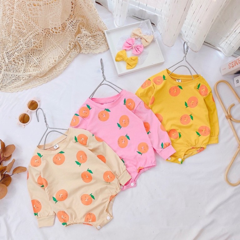 Bodysuit Dài Tay Quả Cam Cotton Cho Bé Gái Sơ Sinh 0-12 Tháng Kèm Turban, Váy Đầy Tháng, Bodysuit Sơ Sinh.