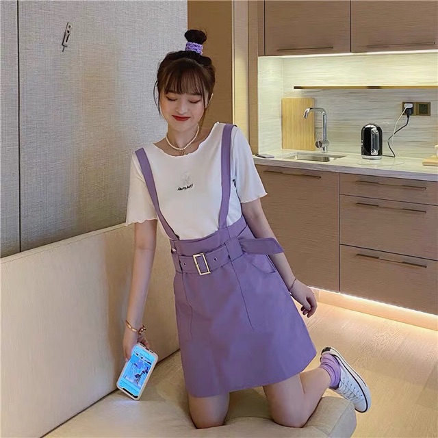 [ HOT 2021 ] (Bán rời)(sẵn) Set chân váy yếm 2 dây màu tím ulzzang dáng chữ A thắt đai eo đi học đi chơi ORDER QUẢNG CHÂ