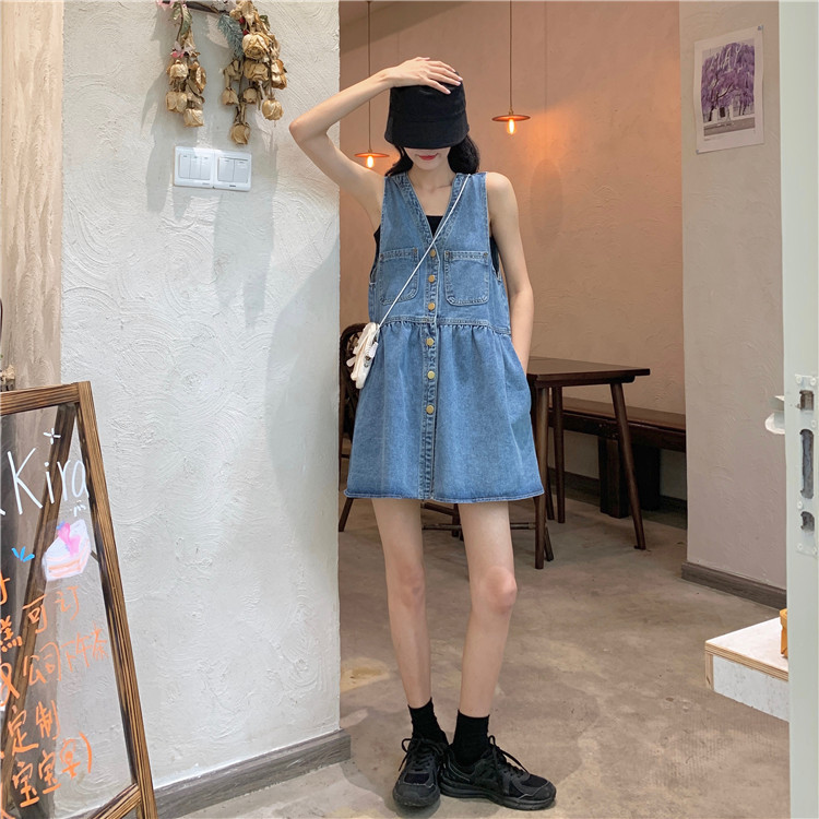 Đầm denim sát nách cổ chữ V dáng rộng thời trang mùa hè cho nữ