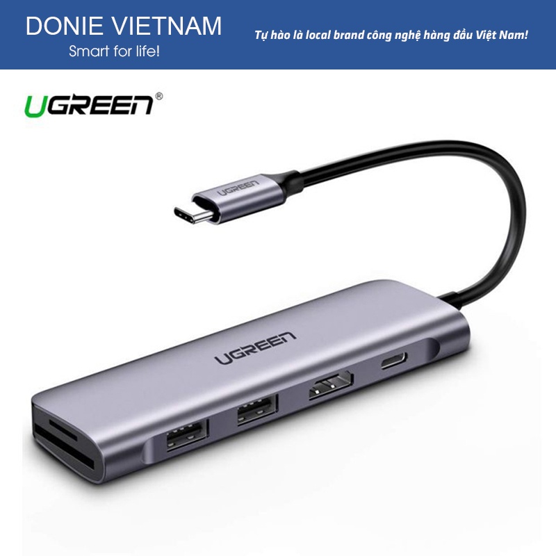 Cáp Chuyển Ugreen 70411 Usb-C 6 in 1 Sang HDMI 4K, 2 USB 3.0 Ports,SD, TF Card Reader, 100W PD