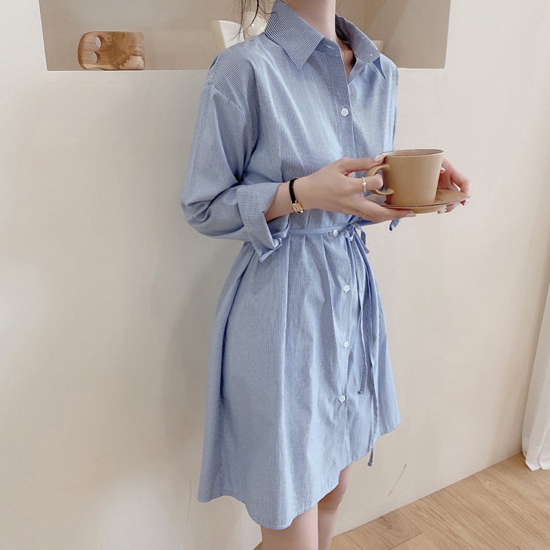 Đầm Sơ Mi Xanh Kẻ Sọc Dáng Dài Kèm Dây Thắt Lưng, Váy Thiết Kế Sơ Mi Kiểu Hàn Hot Trend Da26