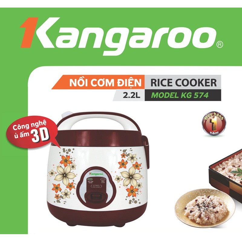 [Mã ELHADEV giảm 4% đơn 300K] Nồi Cơm Điện Kangaroo KG574 - 2.2 Lít Hoa Trắng Nâu - Hàng chính hãng