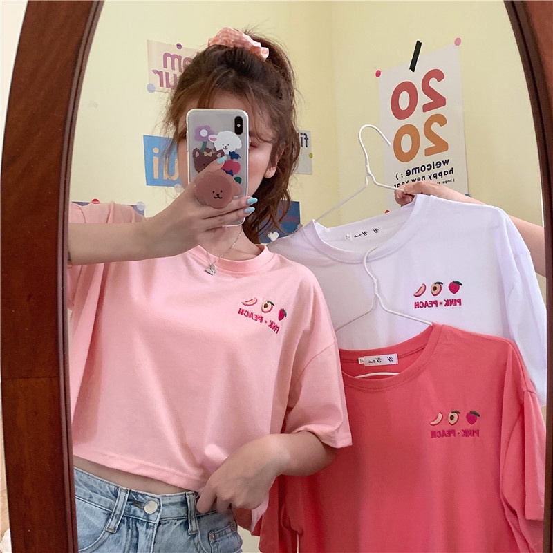 Áo Croptop Tay Ngắn Thêu Hình Trái Cây Phong Cách Hàn Quốc