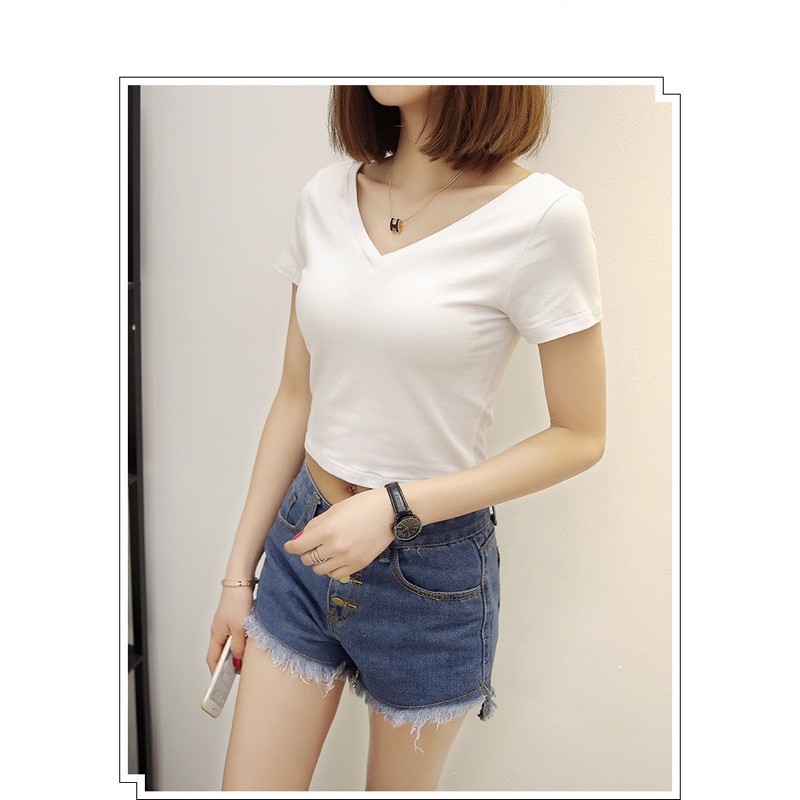 [Mã FAMAYWA giảm 10K đơn 50K] [Quà dây cột tóc] Áo Croptop Dáng Ôm Cổ Chữ V Vải Cotton Gân Siêu Co Dãn | BigBuy360 - bigbuy360.vn