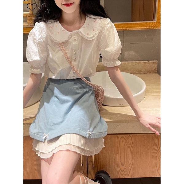 (Sẵn áo XL) Set áo sơ mi cổ sen thêu hoa + chân váy chữ A xếp tầng xanh pastel dễ thương ulzzang Hàn Quốc [Yannie]