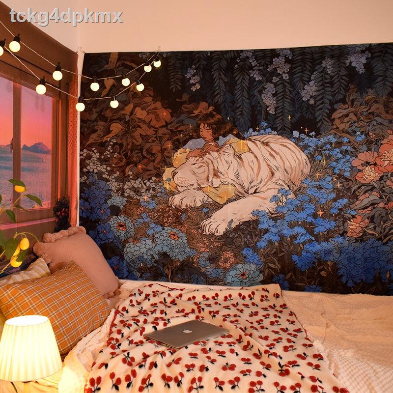 ❄Lưới màu đỏ in tường bao phủ hoàng hôn phát sáng cửa sổ thảm trang trí phong cảnh nền vải phòng ngủ đầu giường treo