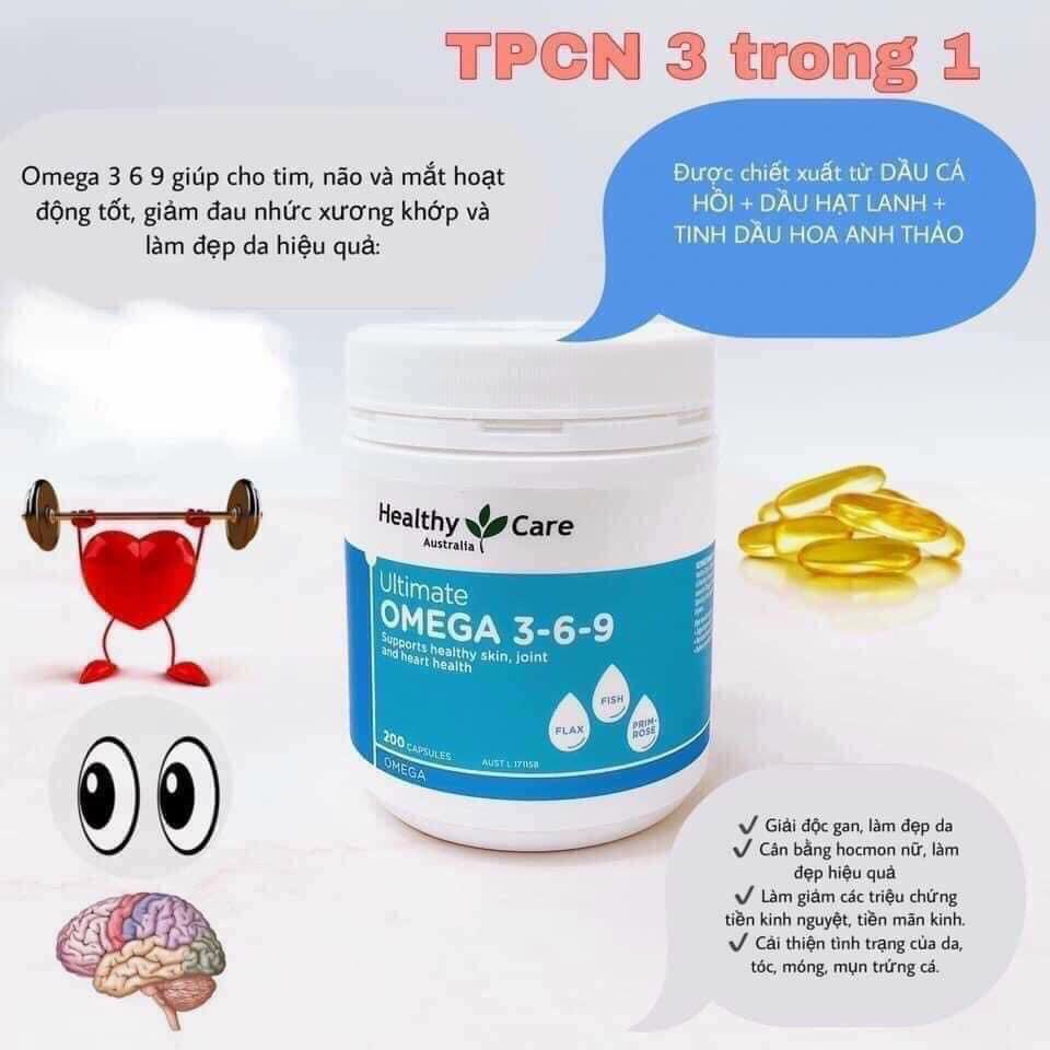 Viên uống omega 369 của healthy care 200 viên úc,hỗ trợ tăng trí nhớ, bổ tim, đẹp da