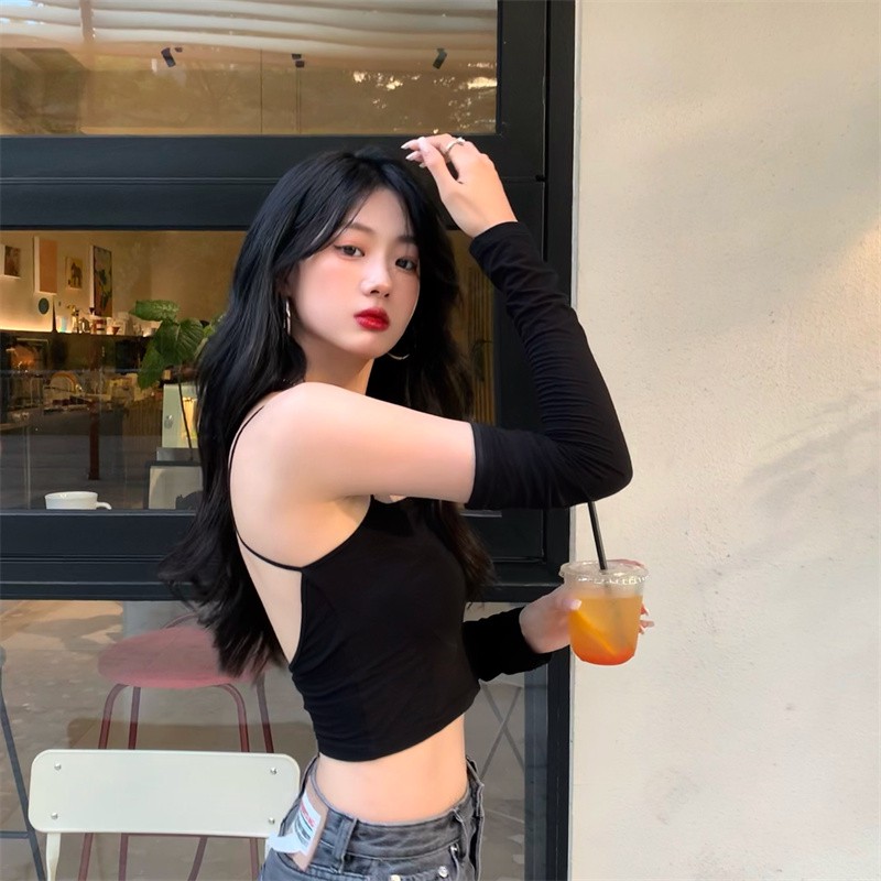 Cocory vn Áo Croptop Tay Dài Trễ Vai Thiết Kế Hở Lưng Quyến Rũ