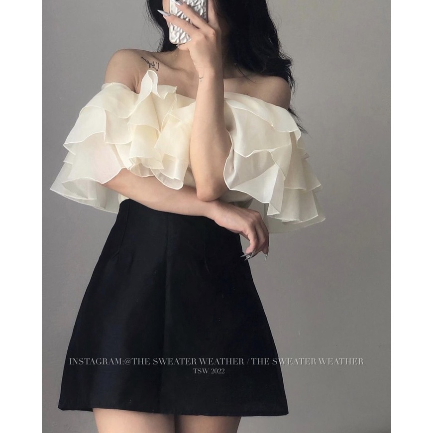 Set áo bẹt vai voan bèo+chân váy đen💖 KÈM ẢNH THẬT