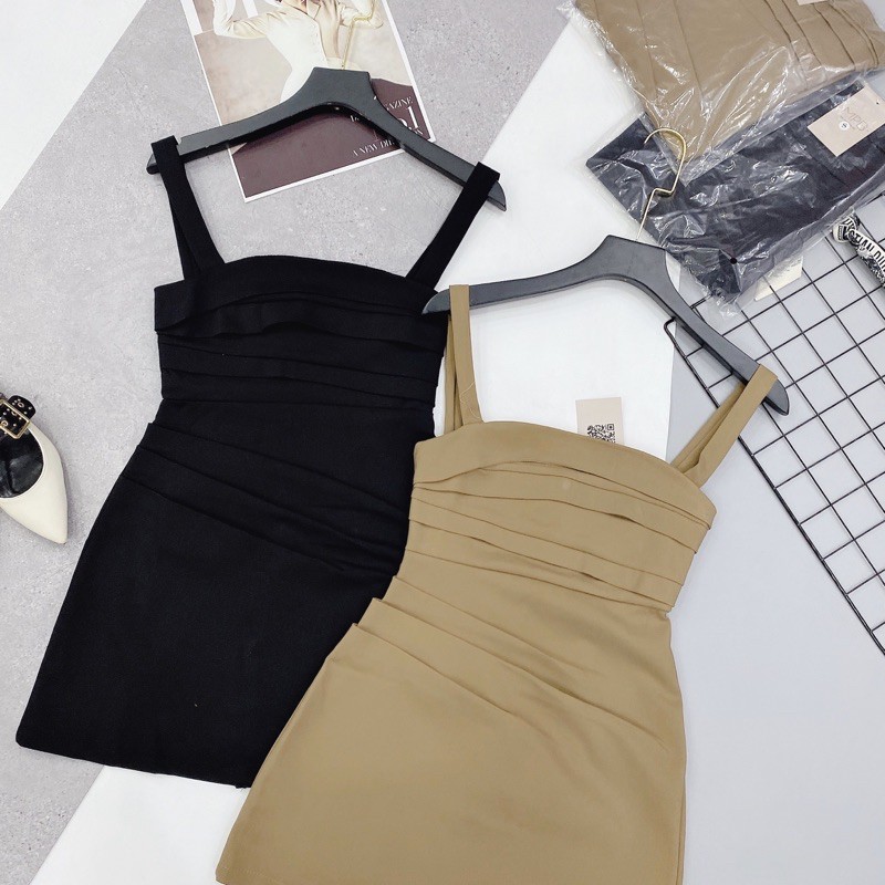 V779 Váy Kaki 2 Dây Dập Ly Trước Ngực Sang Chảnh , Đầm Hotgirl Dáng Ngắn Có Quần Lót Trong | BigBuy360 - bigbuy360.vn