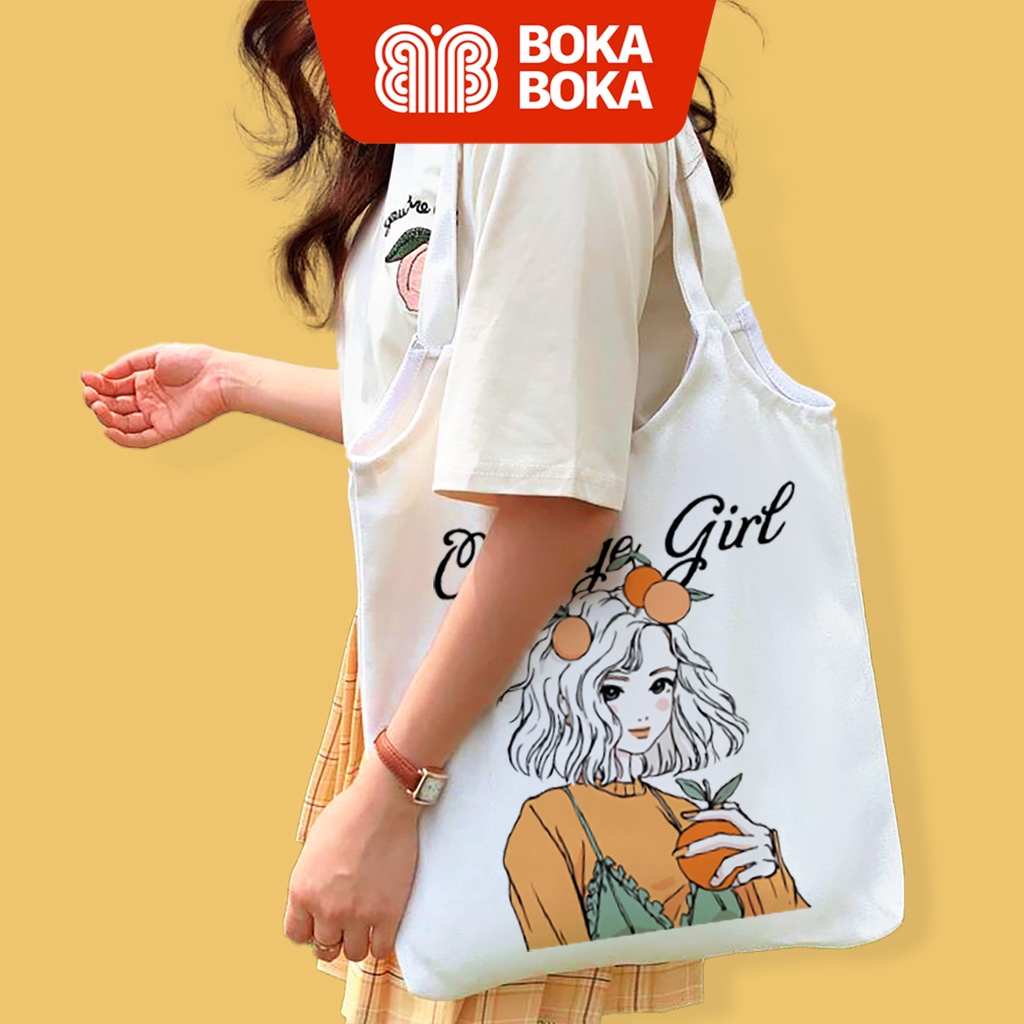 Túi Tote Canvas Xách Vai Orange Girl Có Khóa Kéo và Ngăn Con