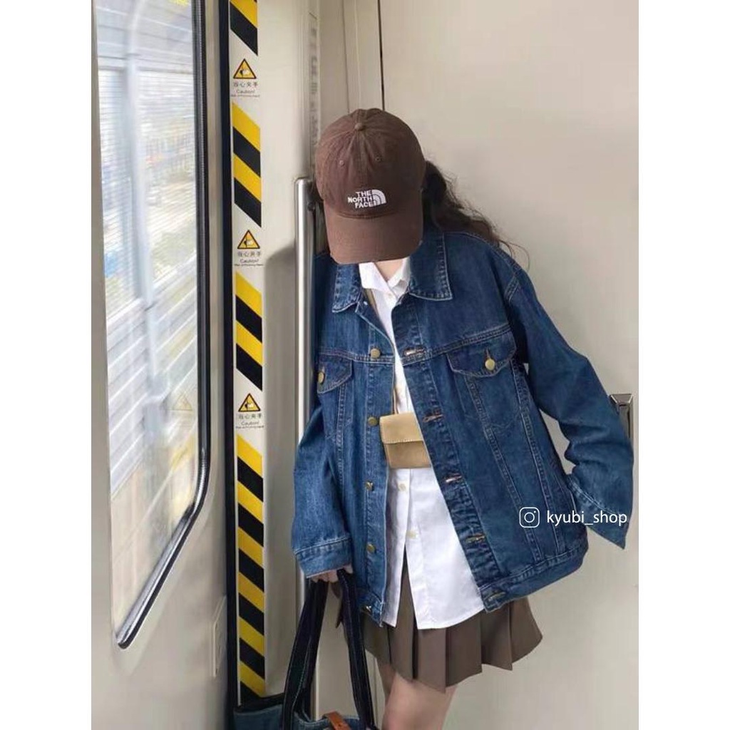 Áo khoác jeans unisex form rộng ulzzang Xanh đậm kèm túi trong [Có BigSize] - Áo khoác nữ jean denim KYUBI Jacket AKJ21