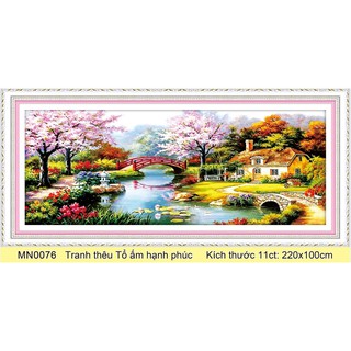 tranh thêu chữ thập phong cảnh ngôi nhà tổ ấm hạnh phúc kt 220x100cm