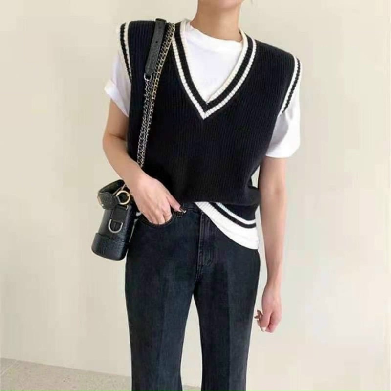 Áo Gile Len Nữ Ulzzang Hàn Quốc, Áo Ghile phối viền siêu xinh Freesize Cổ Chữ V Phong Cách Trẻ Trung M523