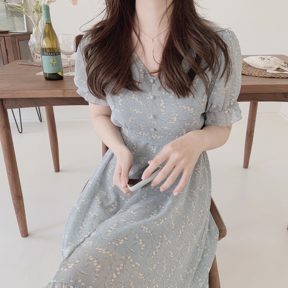 Đầm Tay Ngắn Cổ Chữ V In Hoa Phong Cách Hàn Quốc 43824