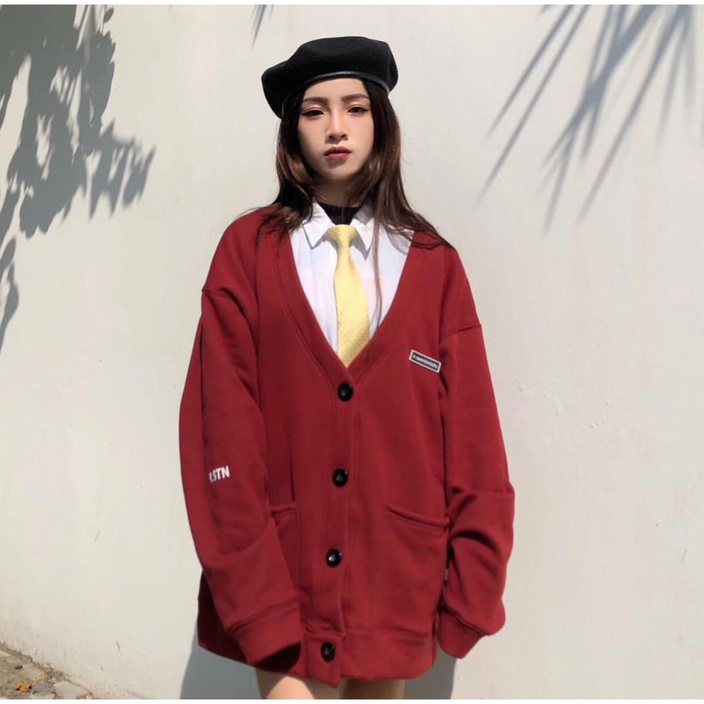 Áo Cadigan nỉ logo ngực - Áo khoác nỉ dáng rộng cổ V 4 khuy ullzang FREE SHIP | BigBuy360 - bigbuy360.vn