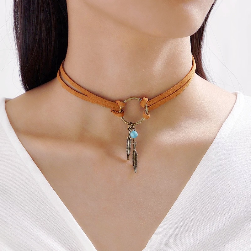 Vòng cổ Da Nâu Đính Hạt Hợp Kim Lông Vũ Phong Cách Bohemian Cổ Điển Thời Trang Cho Nữ