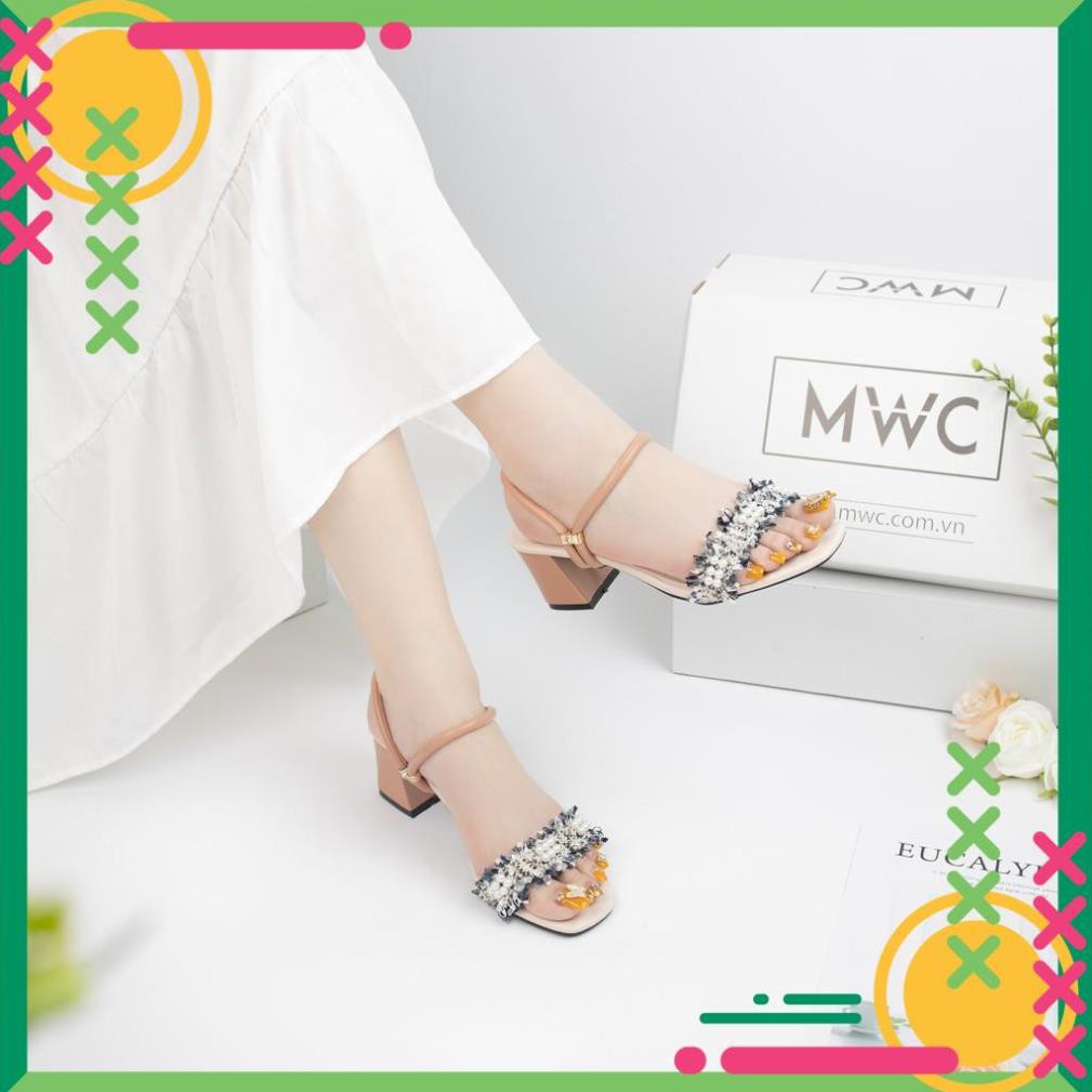 🌈FREESHIP🌈 Giày cao gót nữ quai ngang phối ren đế vuông MWC NUCG-3917