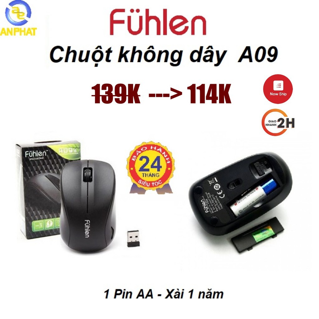 Chuột không dây Fuhlen A09 - 1 pin AA dùng 1 năm - Chính hãng BH 24 tháng