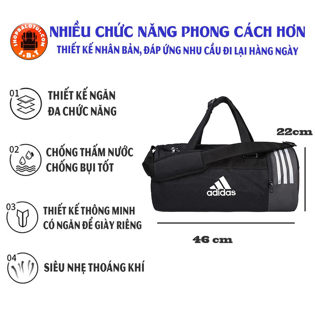 Túi thể thao nam nữ trống tập gym đá bóng du lịch đựng đồ tập quần áo có ngăn để giày chất vải chống nước 3-stripes