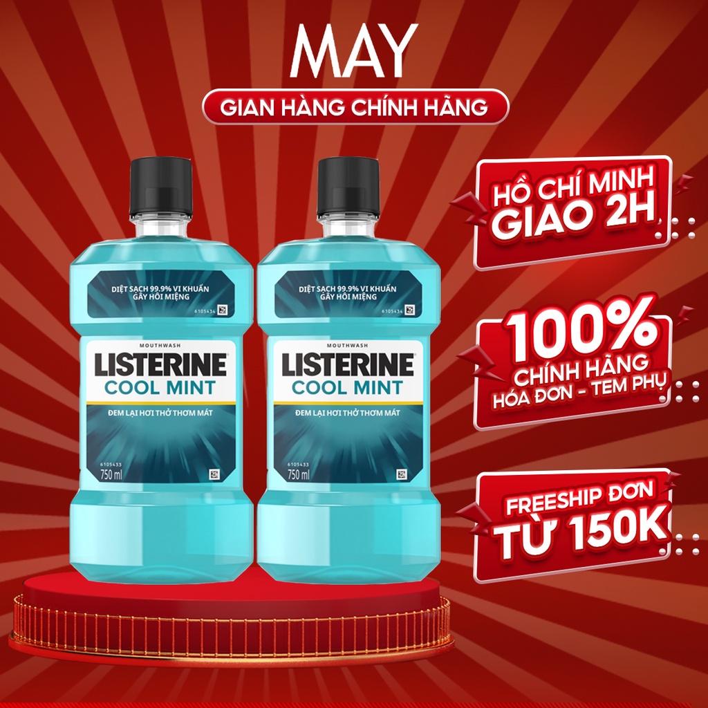 Bộ 2 Chai Nước Súc Miệng Listerine Diệt Khuẩn, Giữ Hơi Thở Thơm Mát Listerine Coolmint Mouthwash 750ml/Chai