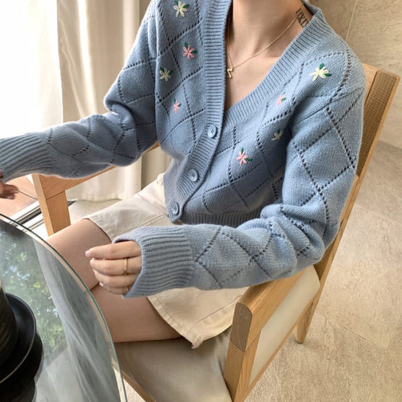 Áo Khoác Cardigan Dệt Kim Dáng Rộng Ngắn Thêu Họa Tiết Kiểu Retro Hàn Quốc Xinh Xắn Cho Nữ