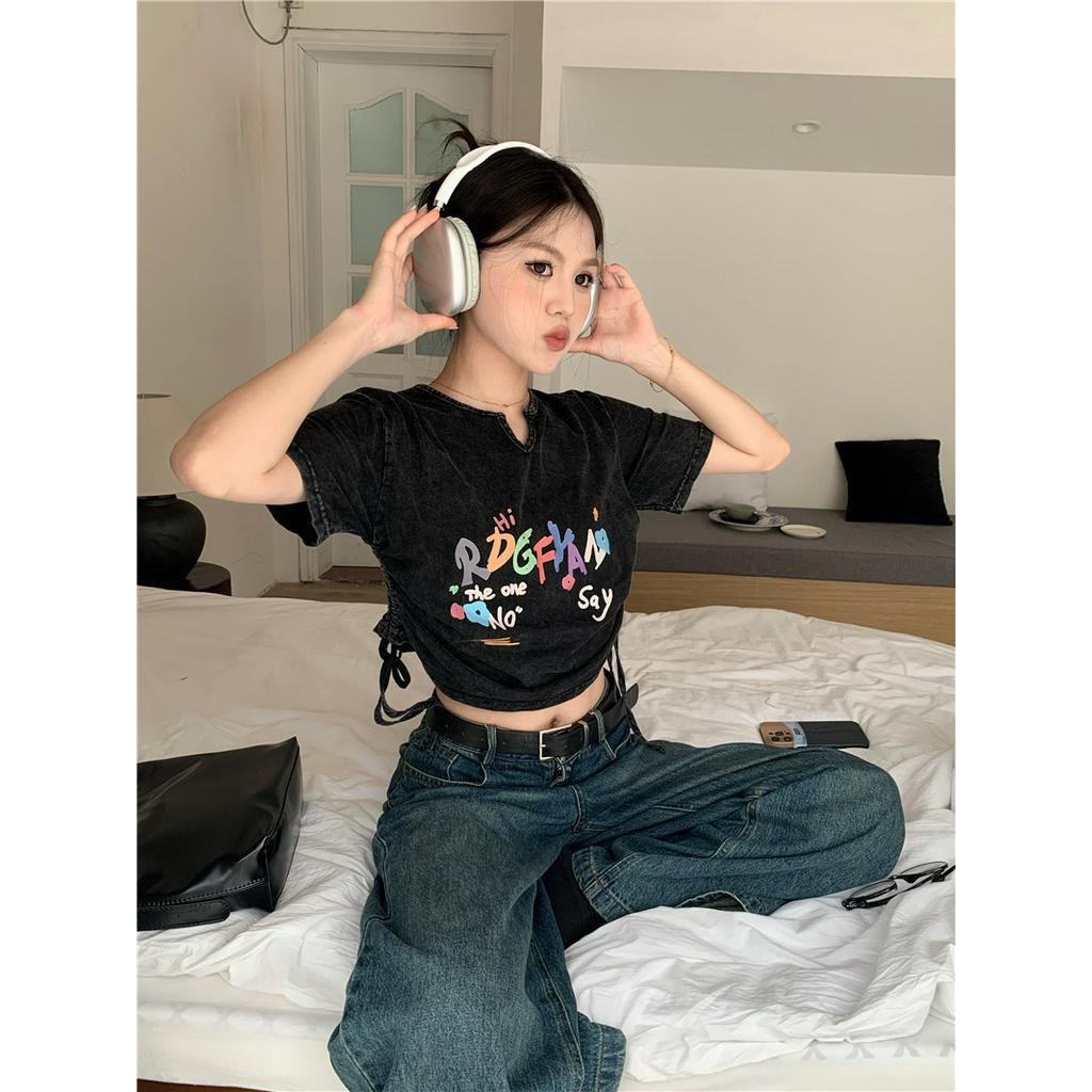 64189 Áo Thun Dây Rút Ngắn Phong Cách Đau Khổ