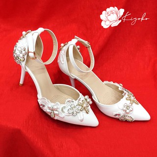 Giày cưới cao gót trắng đính họa tiết lấp lánh cao 8cm êm chân